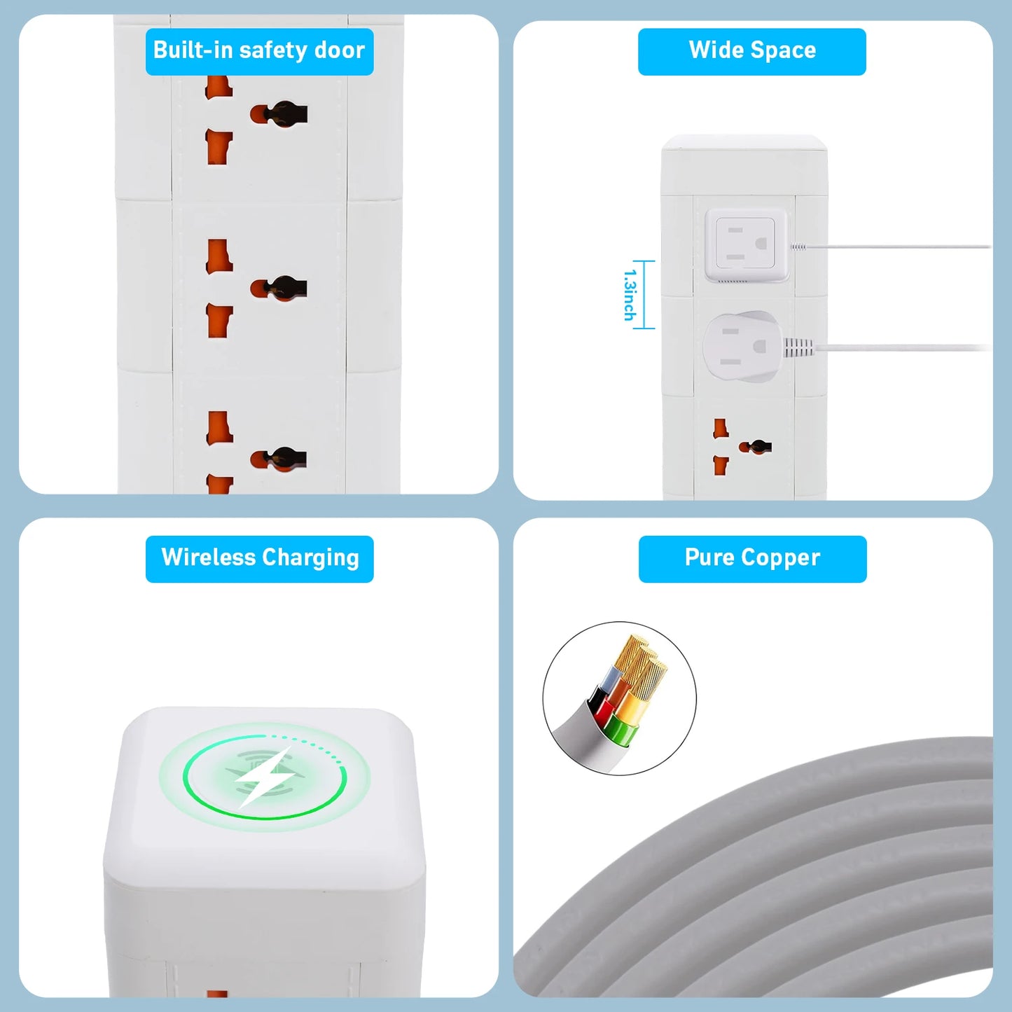 Power strip tower by S And B Enterprise with 12 AC outlets, 3 USB ports (1 USB-C), flat plug and wireless charging