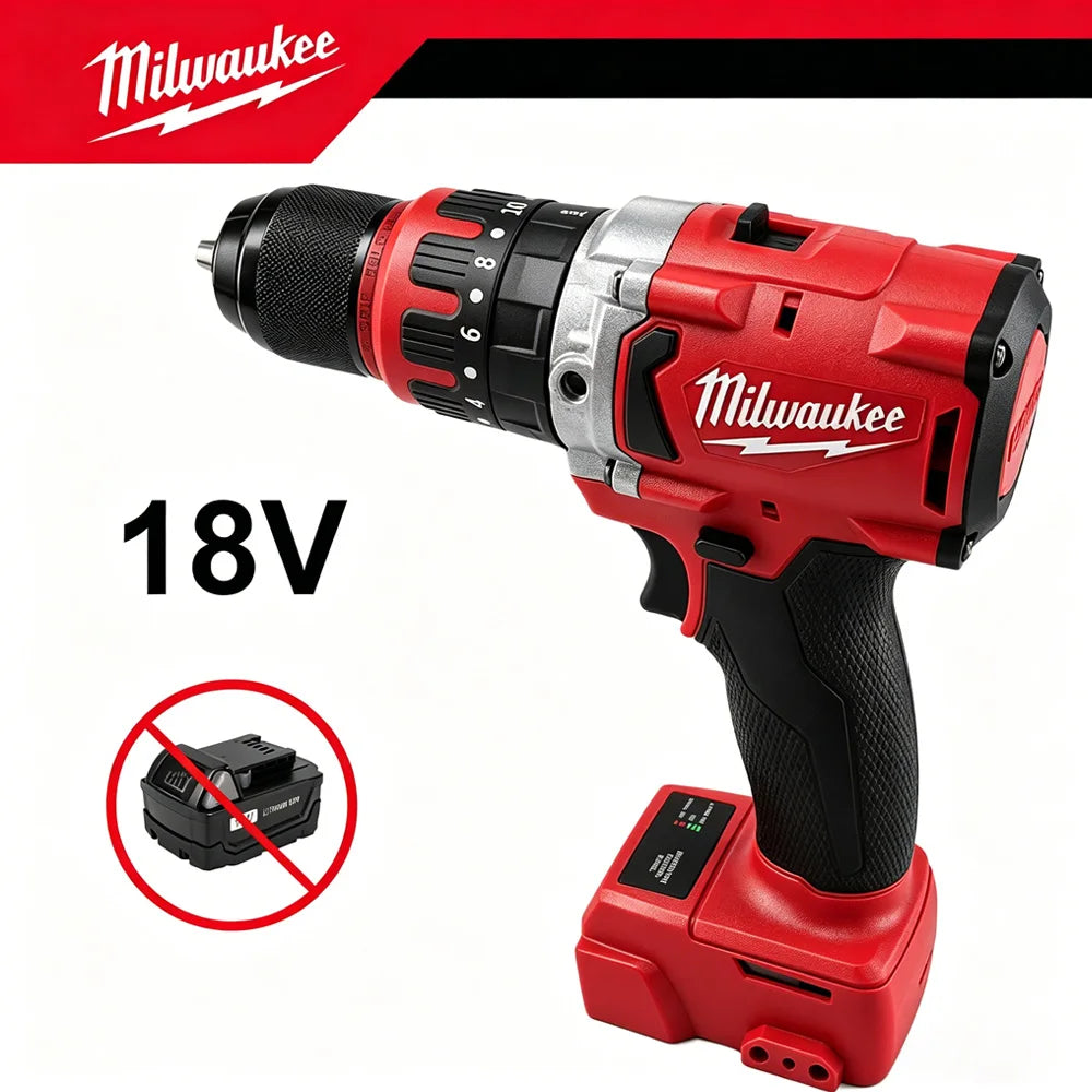 Milwaukee M12 18V brushless cordless drill with 13mm keyless chuck, red and black body