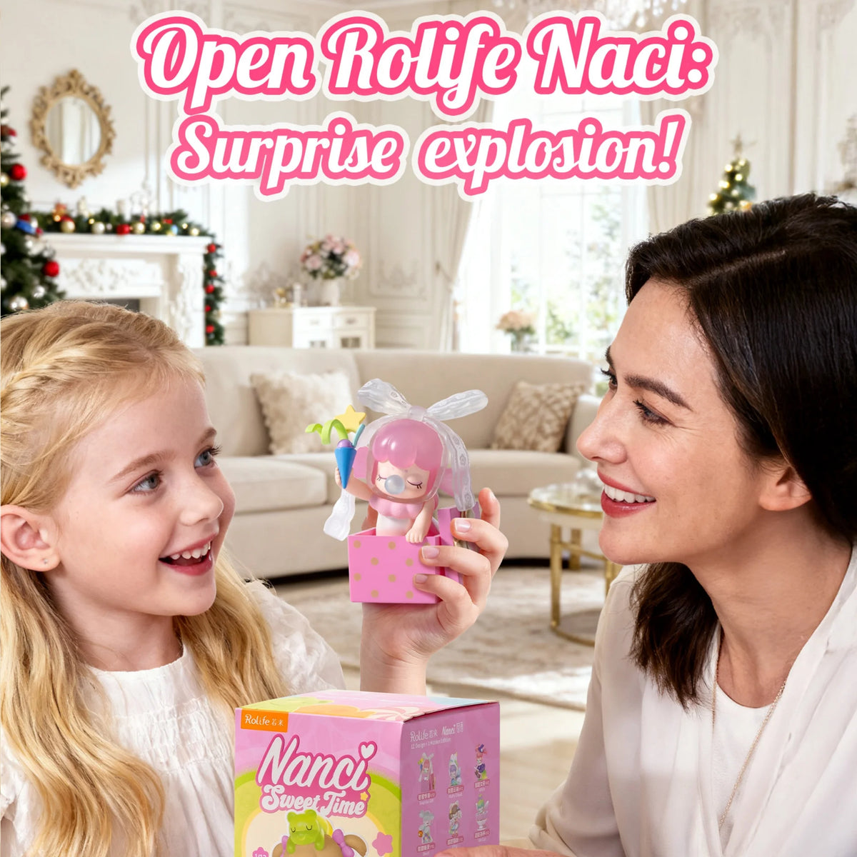 Rolife Nanci Sweet Time blind box doll being unboxed by two people, pink gift box in a bright living room.