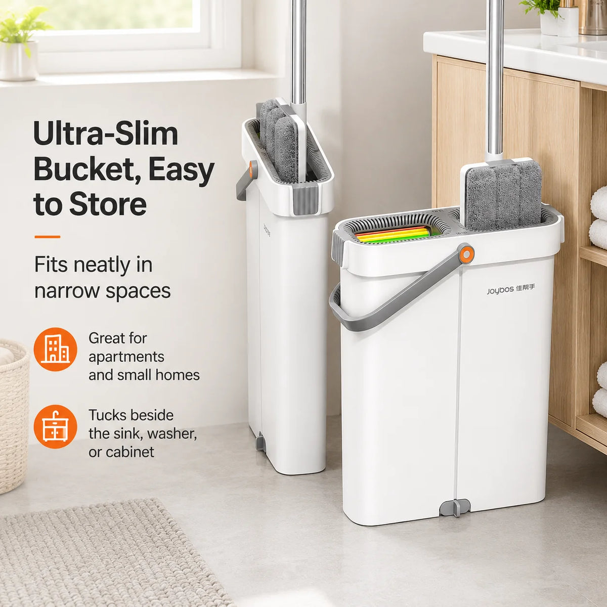 Joybos Ultra-Slim Flat Mop and Bucket System, white with gray accents, 2 microfiber pads, 360° swivel mop.