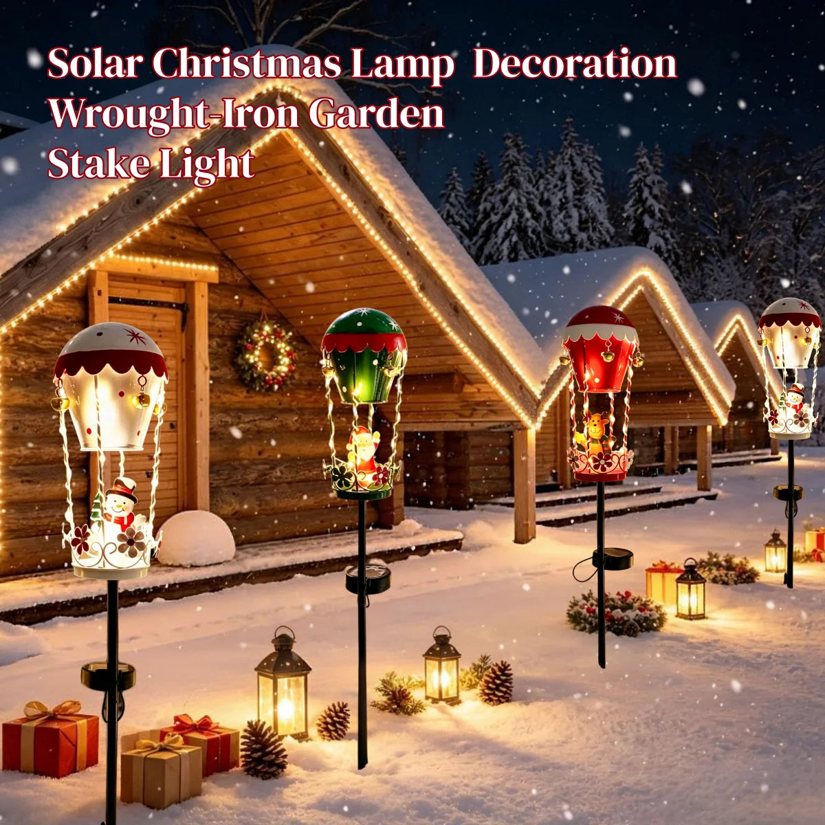 Set of 4 outdoor solar garden stake lights by S And B Enterprise, iron Santa on a hot-air balloon with bells.
