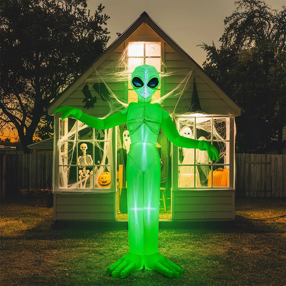 S And B Enterprise 9 ft tall green alien inflatable with built-in LEDs for outdoor Halloween yard decor