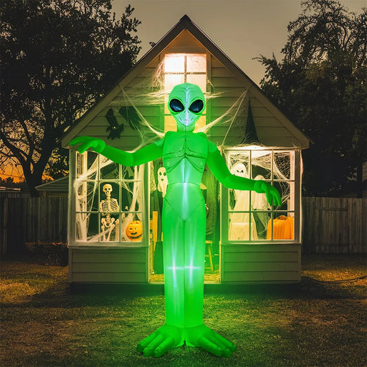 S And B Enterprise 9 ft tall green alien inflatable with built-in LEDs for outdoor Halloween yard decor