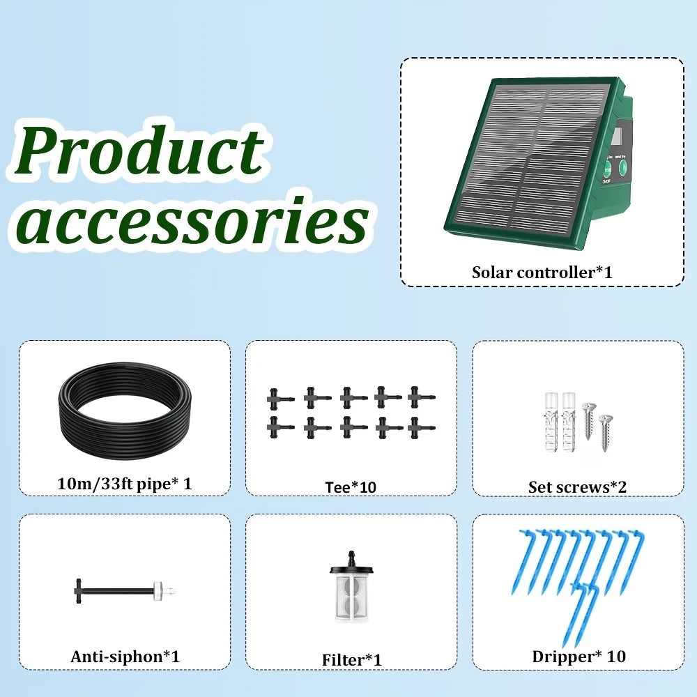 Solar drip irrigation system accessories kit with 10m black hose, 10 tees, 2 screws, anti-siphon, filter, 10 drippers