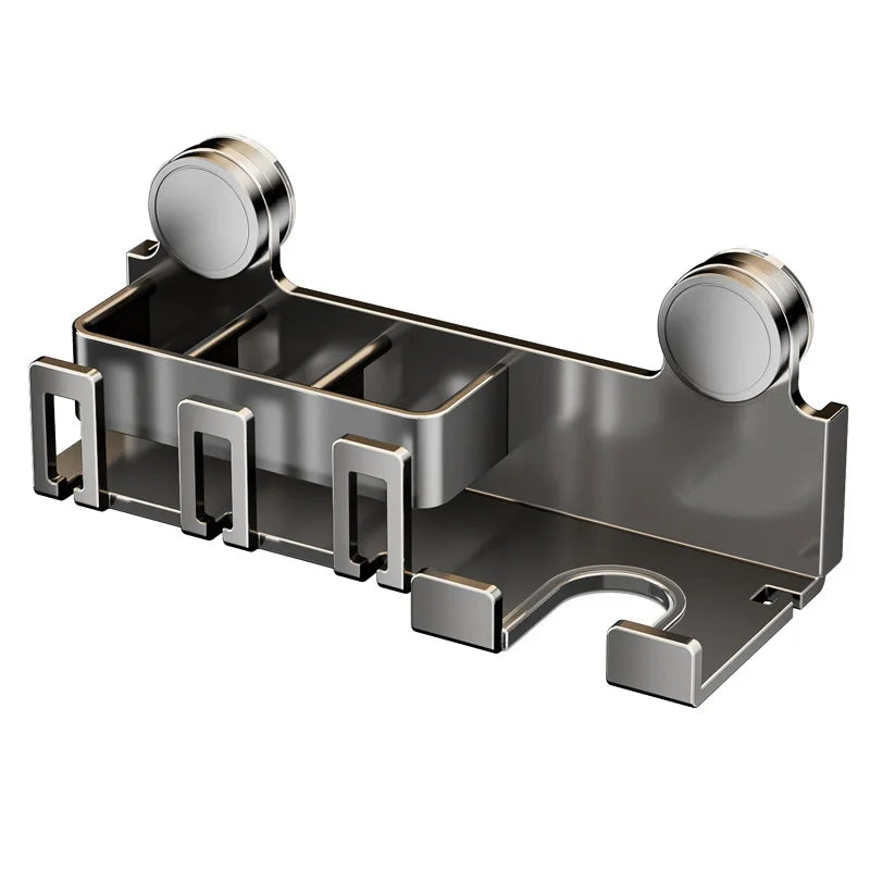 Suction cup toothbrush rack wall mount in metallic finish with three clips and curved hook