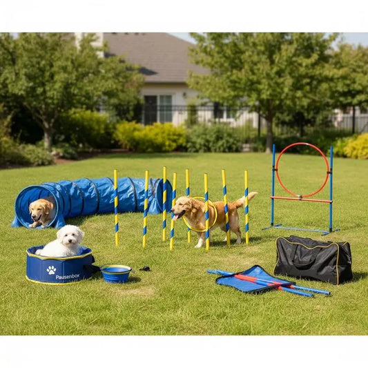 Dog agility training set on lawn; blue tunnel, 6 yellow-blue slalom poles, red hoop, rest box and bowls