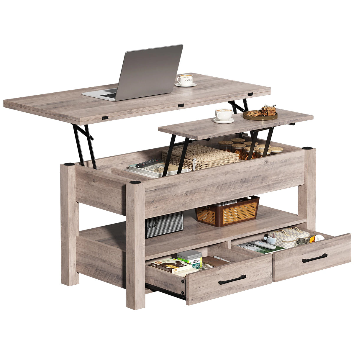 Lift-top coffee table in weathered gray wood with double drawers, black metal legs, and lower storage shelf.