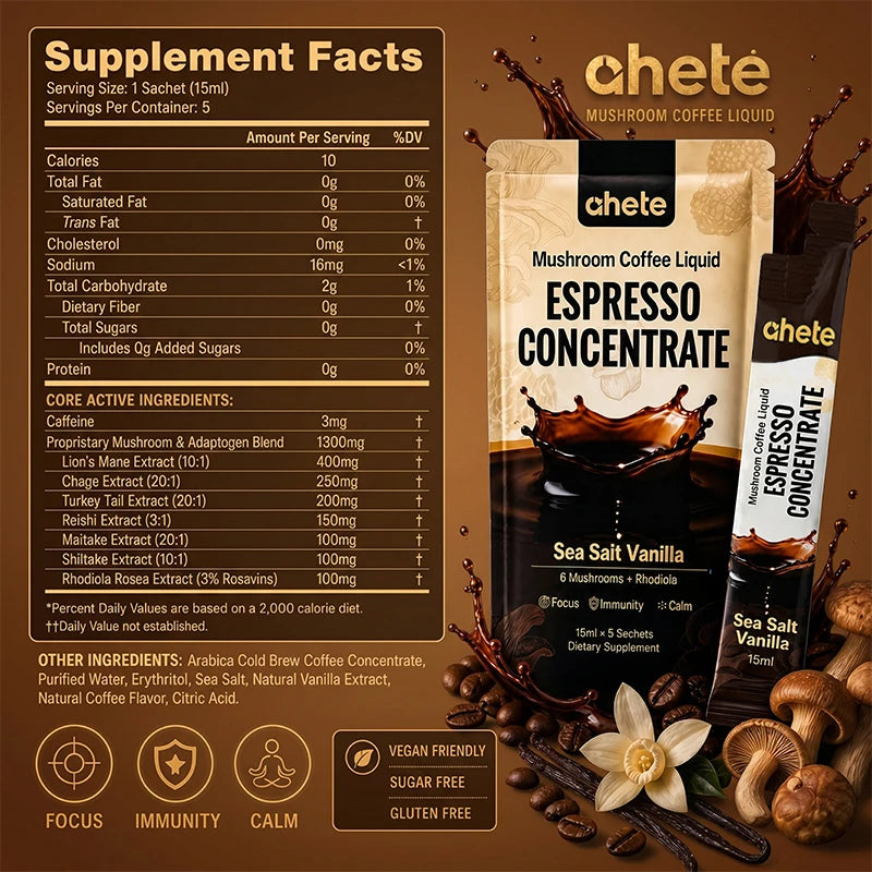 AHETE Mushroom Coffee Liquid Espresso Concentrate by S And B Enterprise, Sea Salt Vanilla flavor with box and sachet