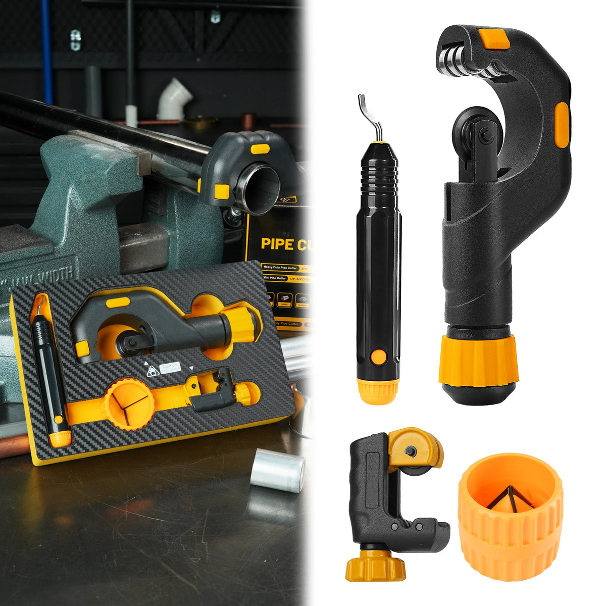 Professional tubing cutter set with heavy-duty and mini pipe cutters, deburring tool and reamer, 1/8 to 2 in capacity