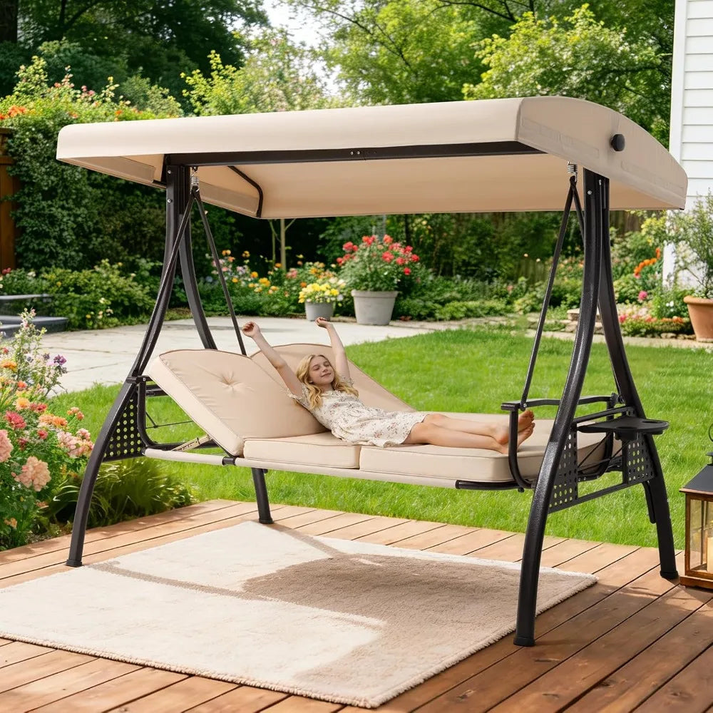 3 Seat Outdoor Porch Patio Swing with Adjustable Canopy& 7-Level Side Seat,Outdoor Swing for Adults,3 in 1, Customized by S And B Enterprise