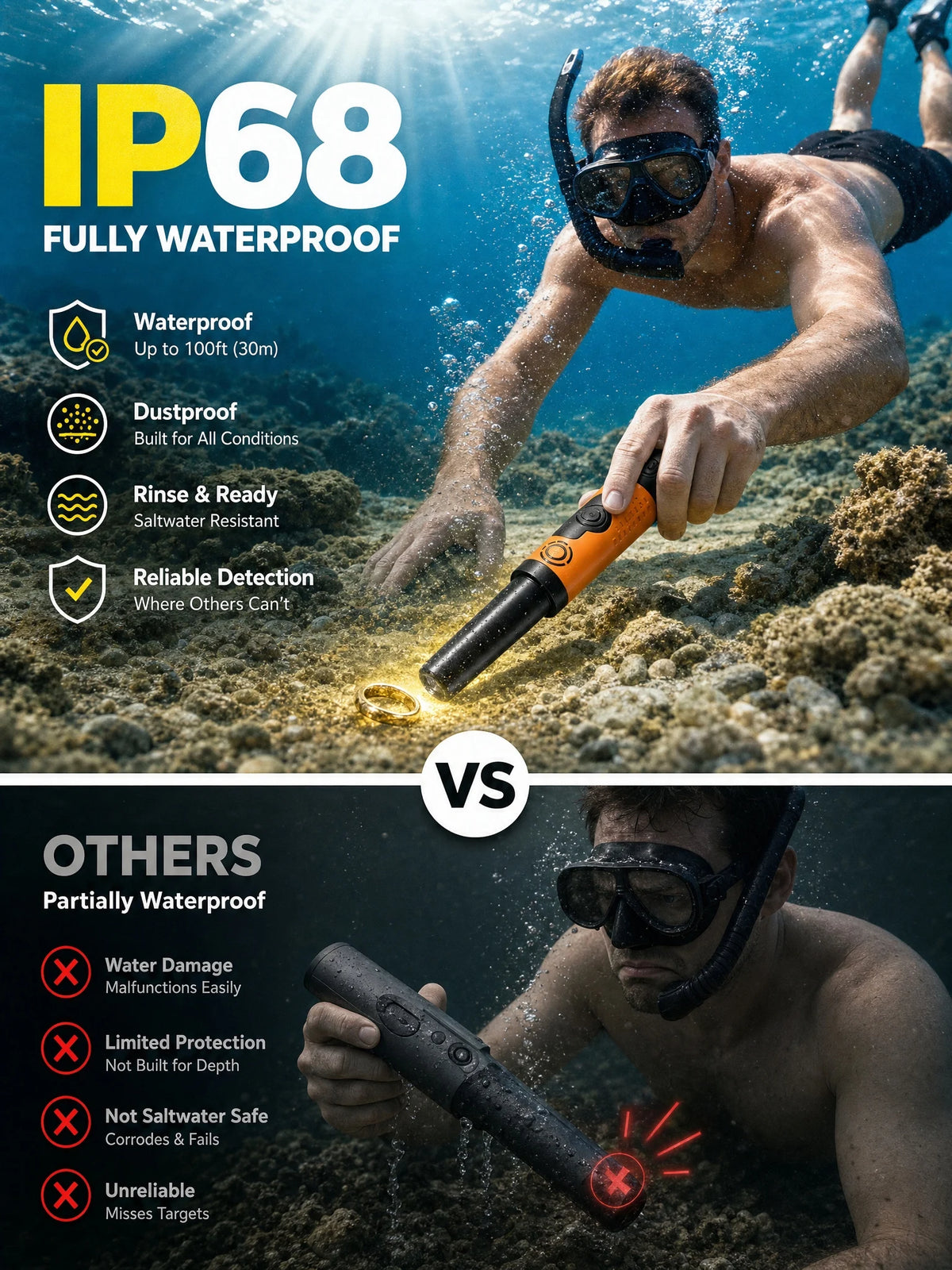 SUNPOW handheld pinpointer metal detector orange and black, IP68 waterproof for underwater use