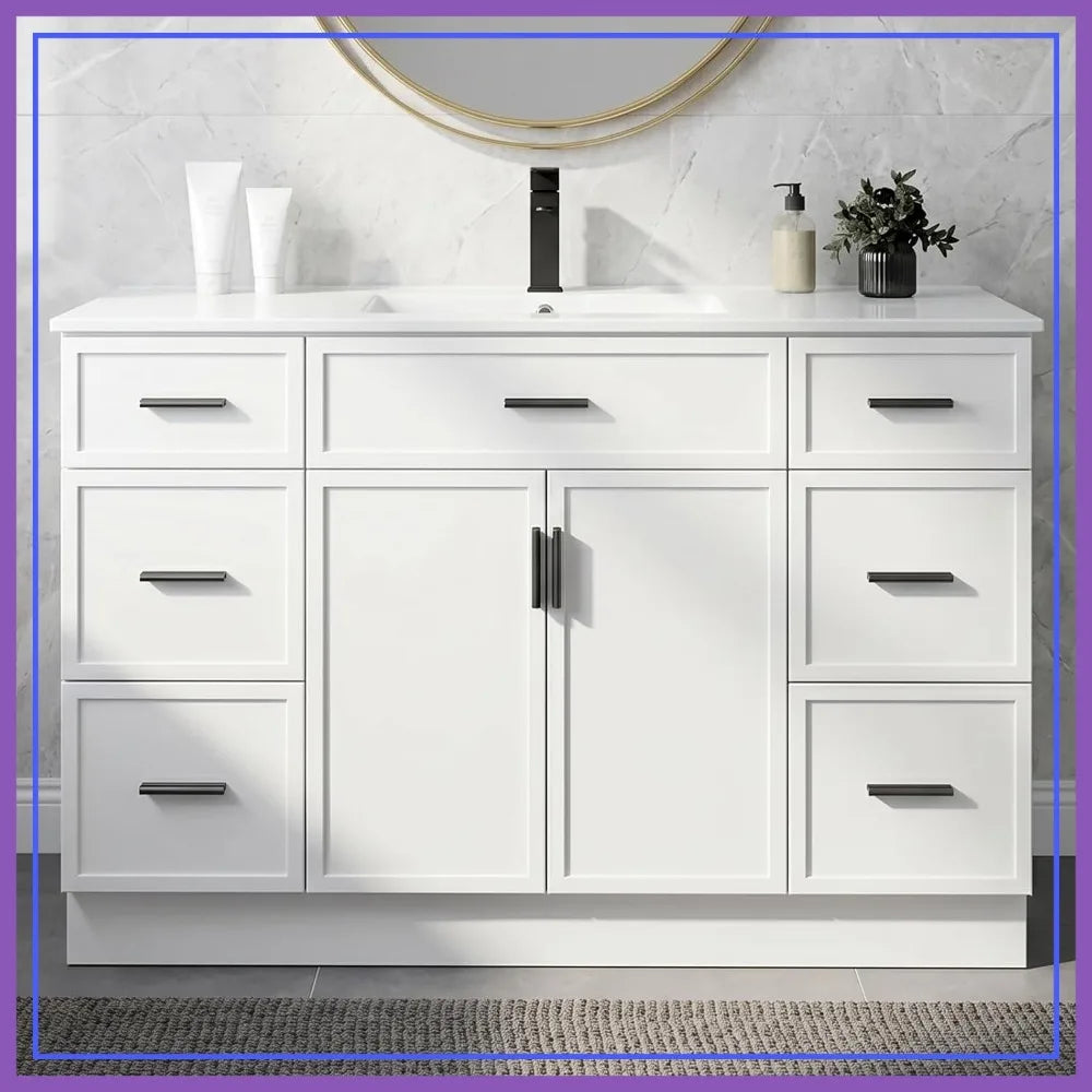 48" Bathroom Vanity with Sink, Farmhouse Cabinet, 2 Soft Close Doors & 6 Drawers, White by S And B Enterprise