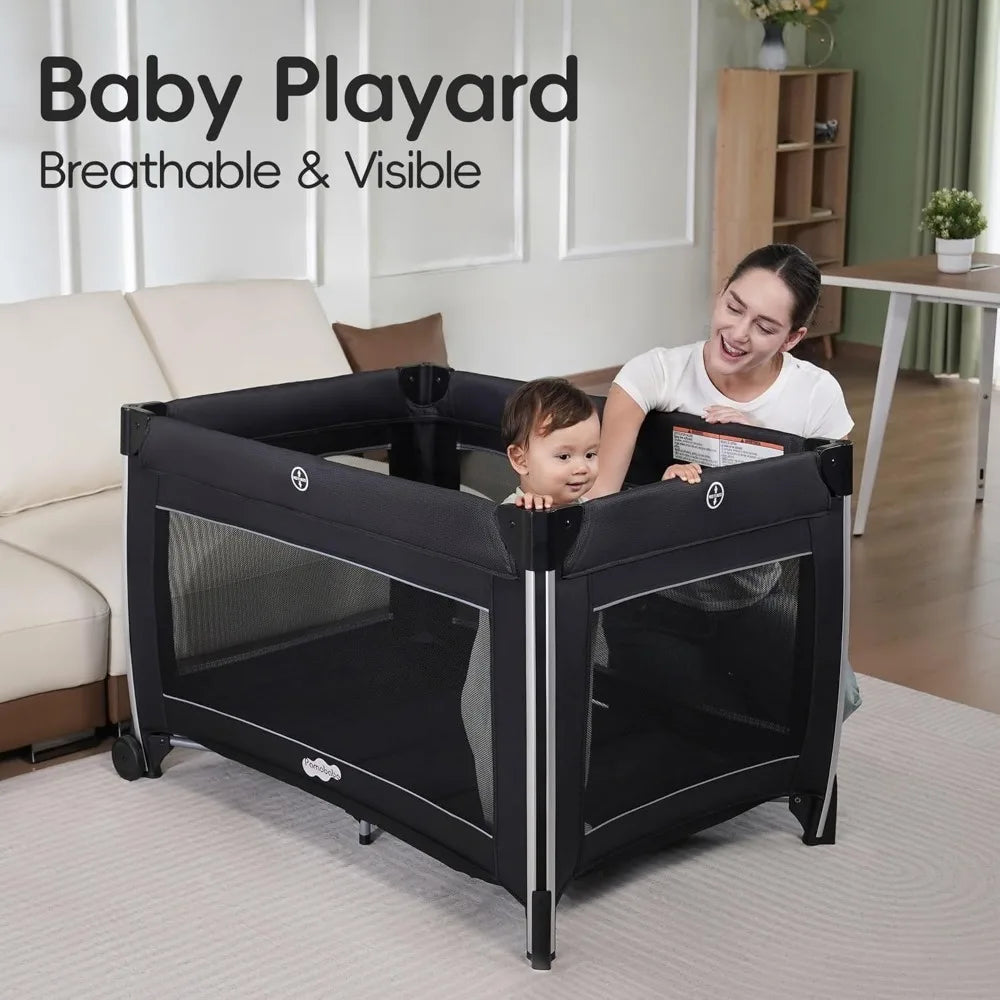 4-in-1 baby playpen by S And B Enterprise, black portable crib with breathable mesh sides