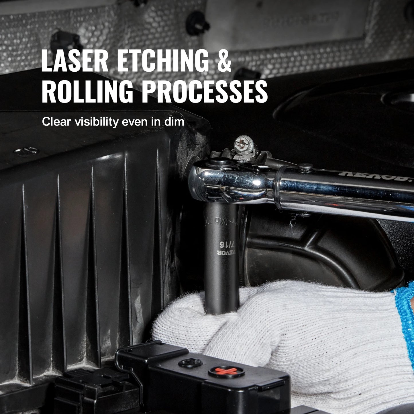 Impact socket set with chrome ratchet in a car trunk, white work glove nearby.