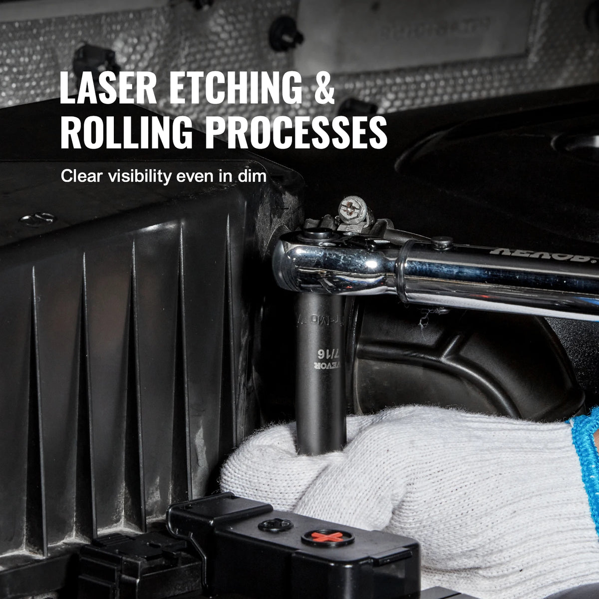 Impact socket set with chrome ratchet in a car trunk, white work glove nearby.