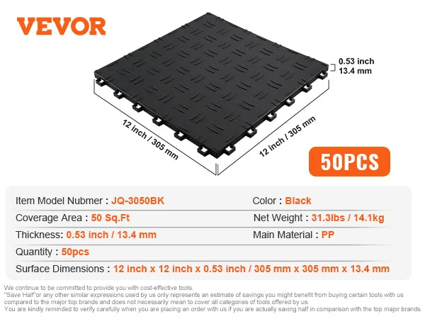 SucceBuy black interlocking garage floor tiles, 50-pack, 12 in x 12 in x 0.53 in, non-slip PP, brand VEVOR