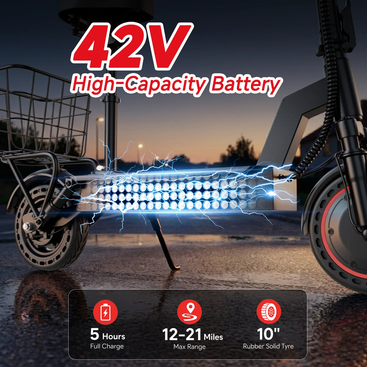 S And B Enterprise electric folding bicycle with front basket, 10-inch solid tires, and 42V high-capacity battery