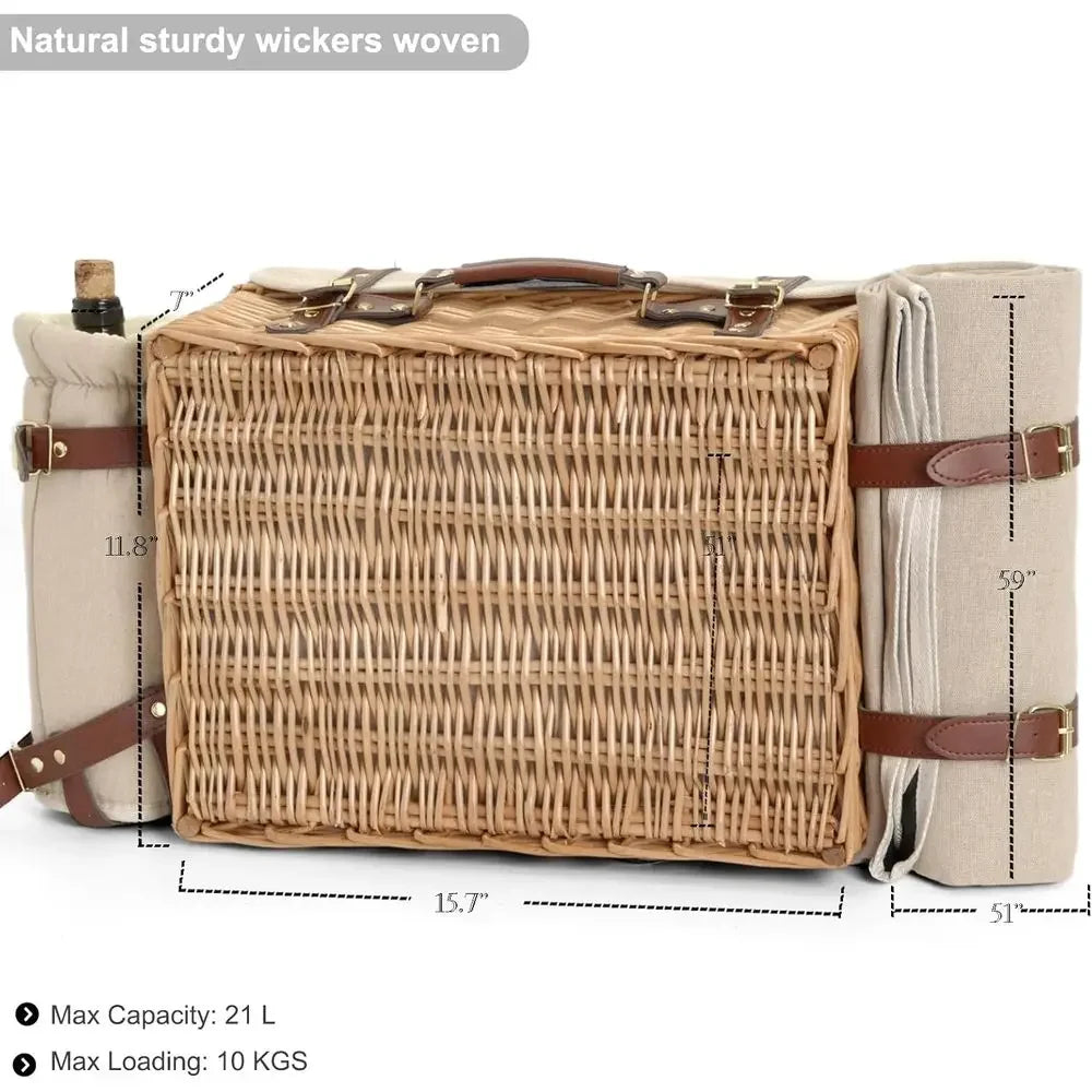 Double-Layered Wicker Picnic Basket With Insulated Liners And Portable Table