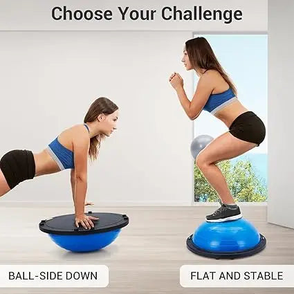 Blue 60cm balance trainer with non-slip base; left shows ball-side down, right shows flat and stable setup.