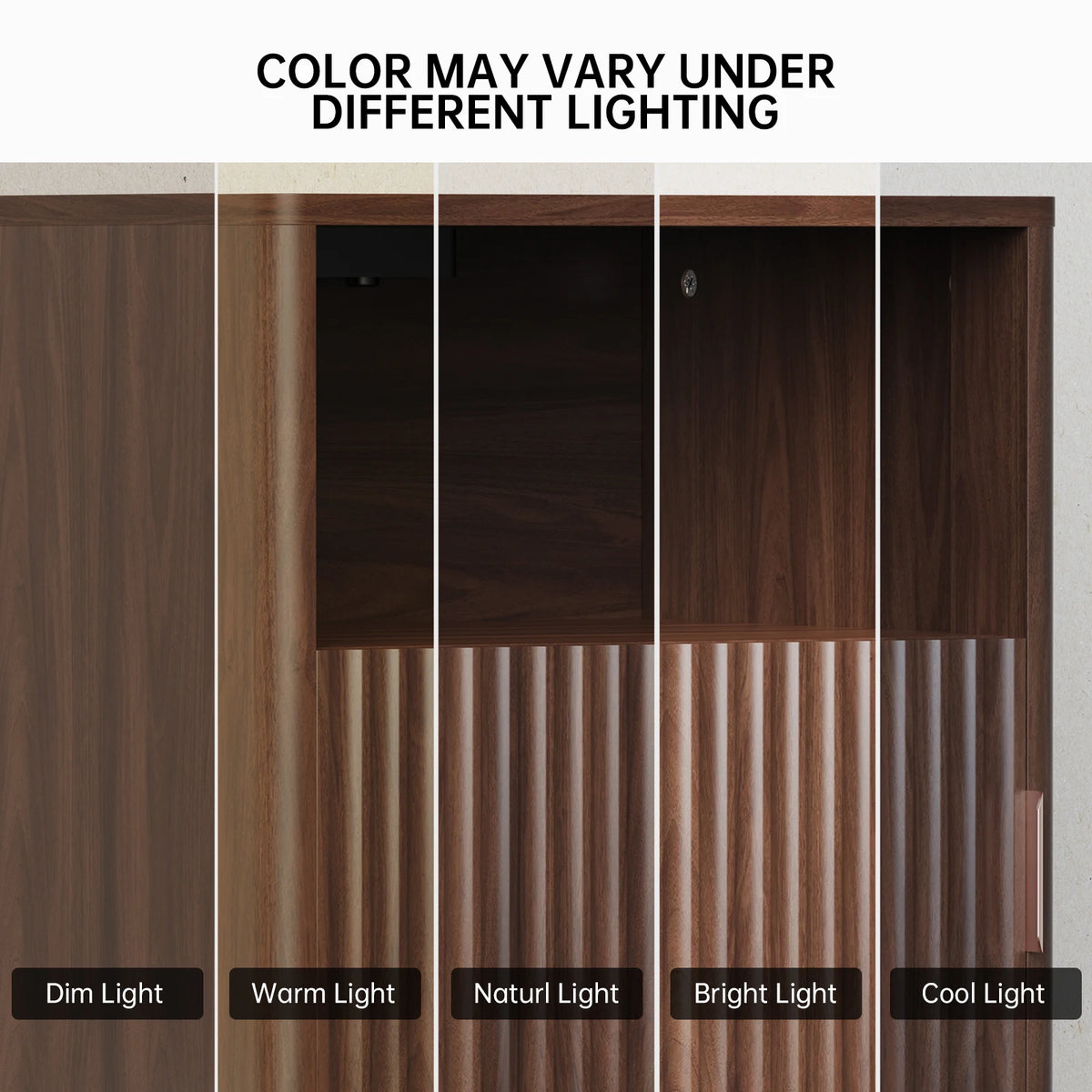 TinyNest nightstand with charging station in fluted wood, open shelf and storage drawers
