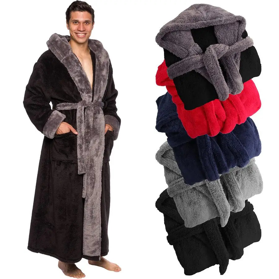 Luxurious Hooded Plush Fleece Bath Robe With Pockets For Men