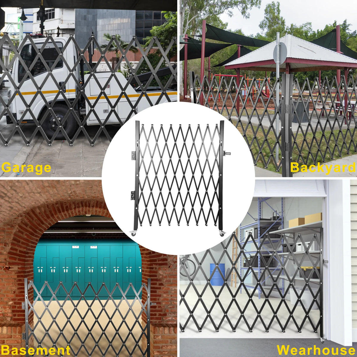 SucceBuy single folding security gate in black steel, accordion expanding design for garage, basement or warehouse.