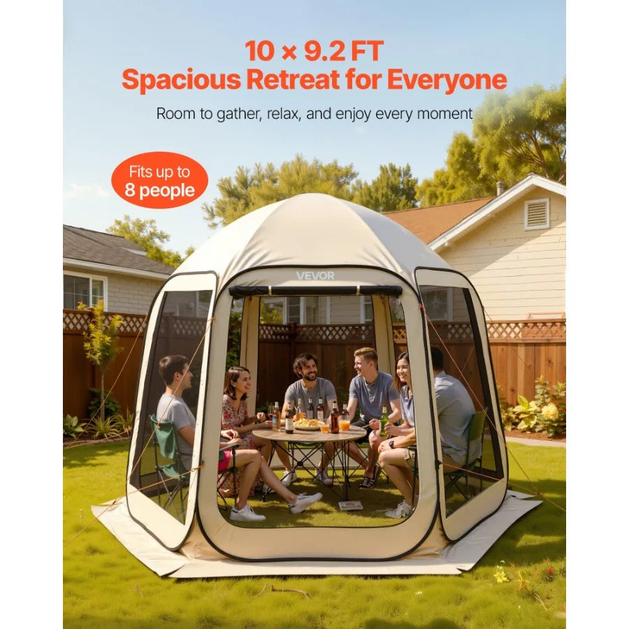 Beige screen house tent 10 x 9.2 ft for 4–8 people with netted sides, pop-up canopy by VEVOR