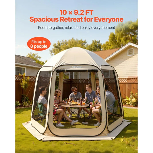 Beige screen house tent 10 x 9.2 ft for 4–8 people with netted sides, pop-up canopy by VEVOR