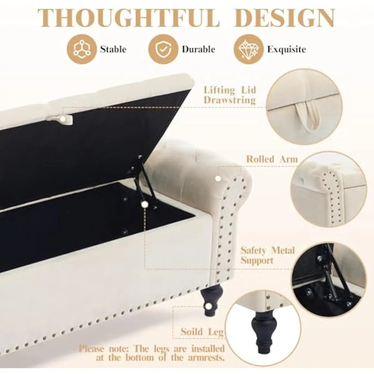 51' storage bench for bedroom, upholstered chenille beige ottoman by S And B Enterprise