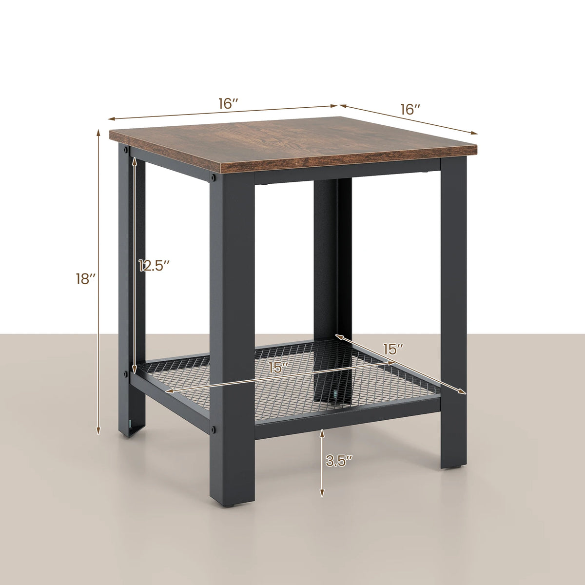 Industrial end table with 2-tier design and storage shelf, black frame and wood-tone top.
