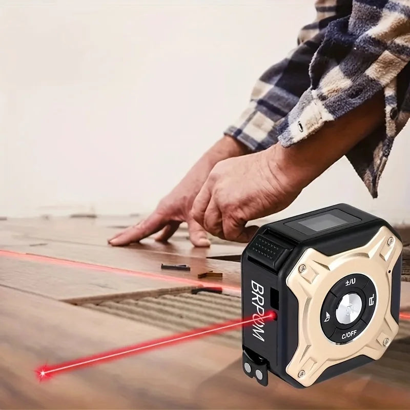 50m laser distance meter with digital display; black and gold housing projecting red laser lines.