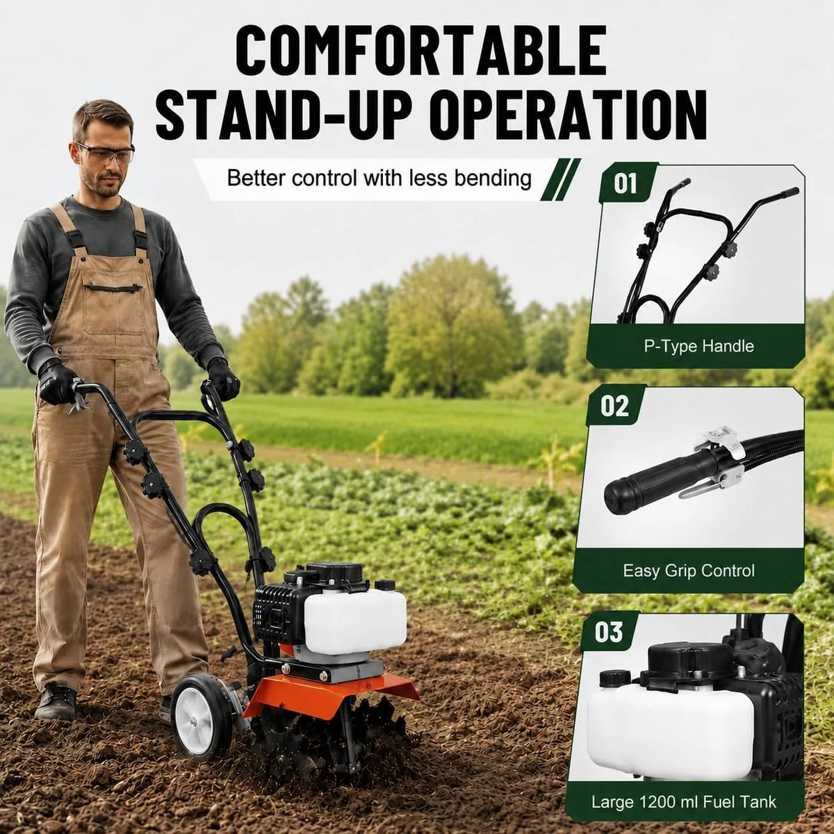 52cc Gas Powered Tiller Cultivator by S And B Enterprise with adjustable steel tines and P-Type handle