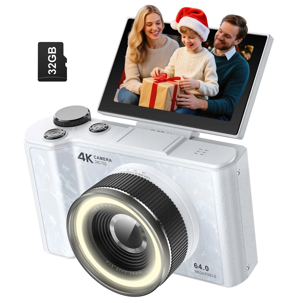 4K digital camera with ring light and 180° flip screen, beginner-friendly with 32GB SD card