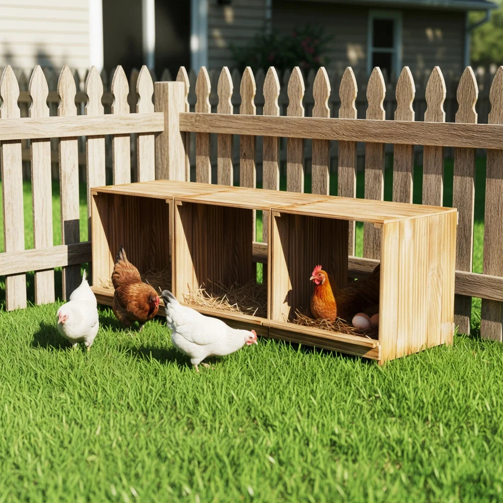 Pine wooden chicken nesting boxes, 3 compartments for easy egg collection