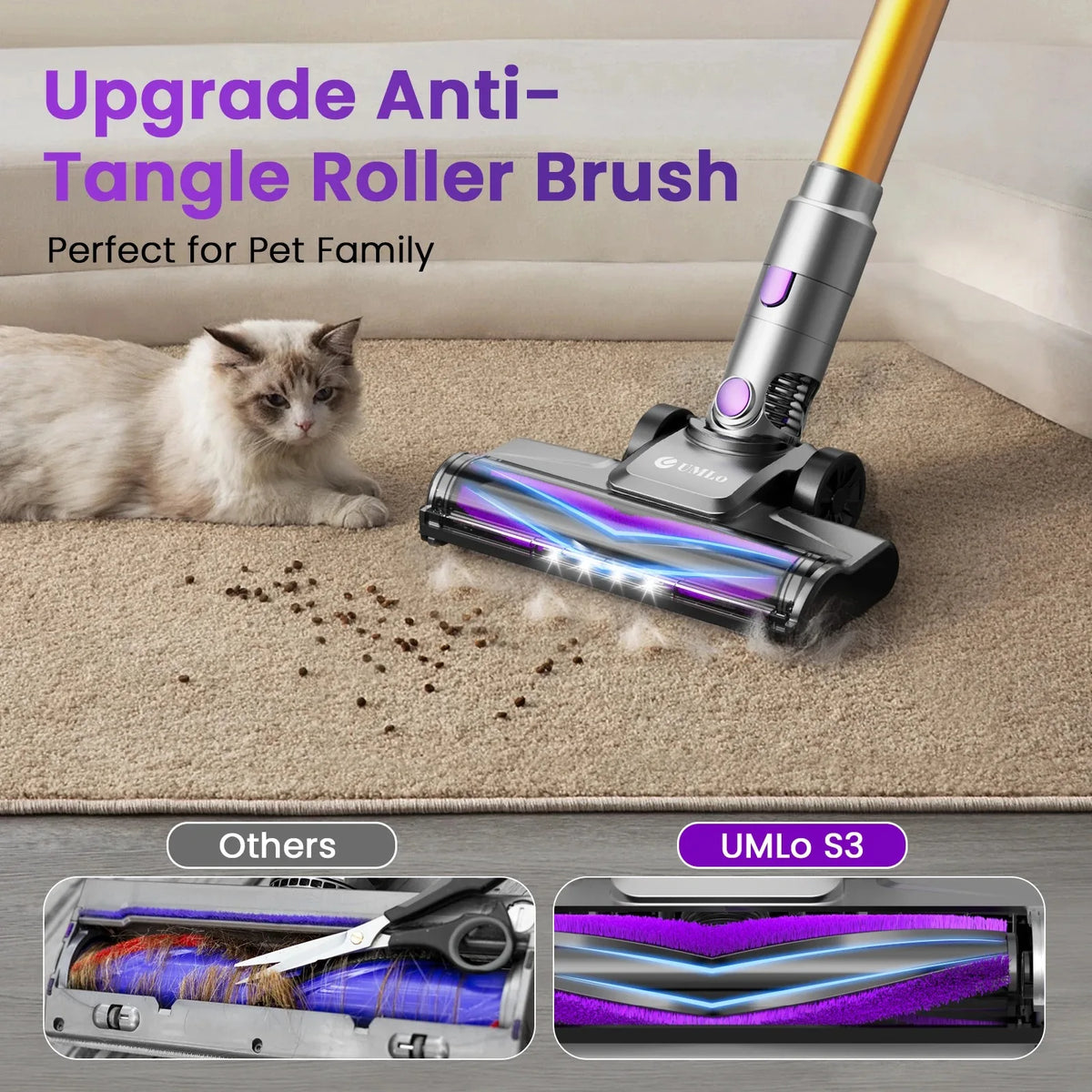 INSE S3P cordless vacuum cleaner with purple accents and LED roller brush on beige carpet beside a cat