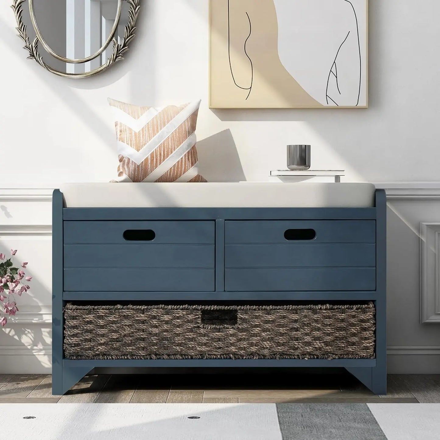 Upholstered Storage Bench for Entryway, Wood Storage Ottoman with Removable Basket and 2 Drawers, Farmhouse Shoe, Customized