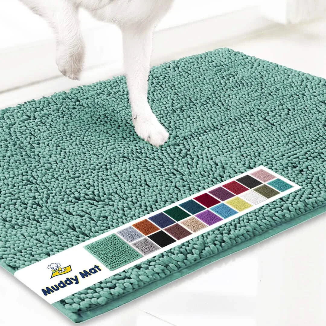 Muddy Mat doormat by S And B Enterprise in teal microfiber for paw cleaning.