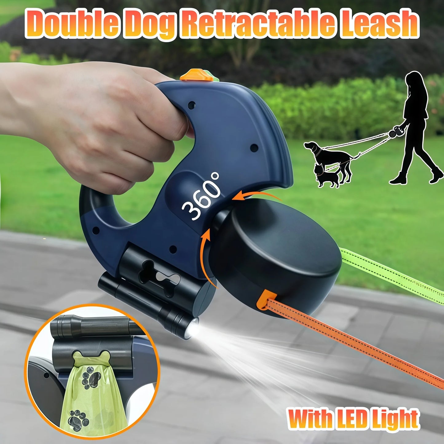 NONECN Auto Retractable Double-Ended Dog Leash With LED Flashlight