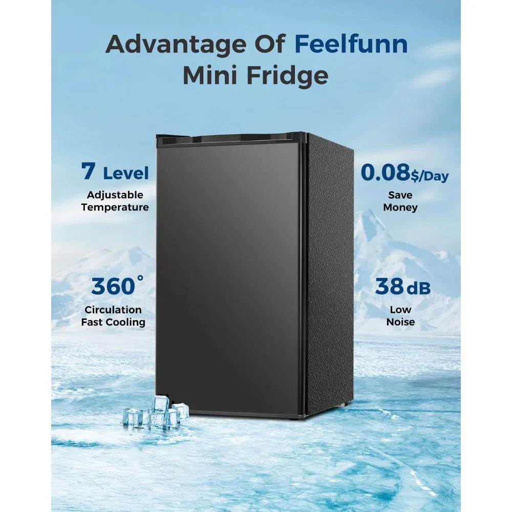 Mini fridge, black 3.2 cu ft single-door with adjustable thermostat.