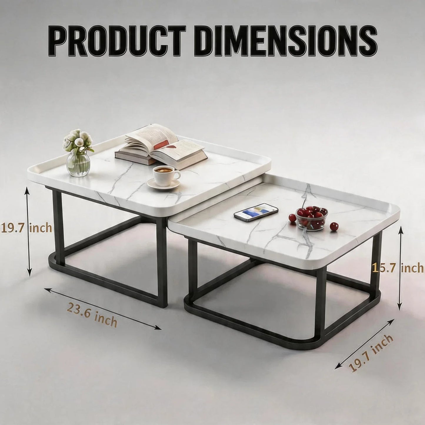 Square Nesting Coffee Tables Set Of 2, Space Saving Small End Table Set For Living Room Bedroom Balcony, Fluted Side Tables Set by S And B Enterprise