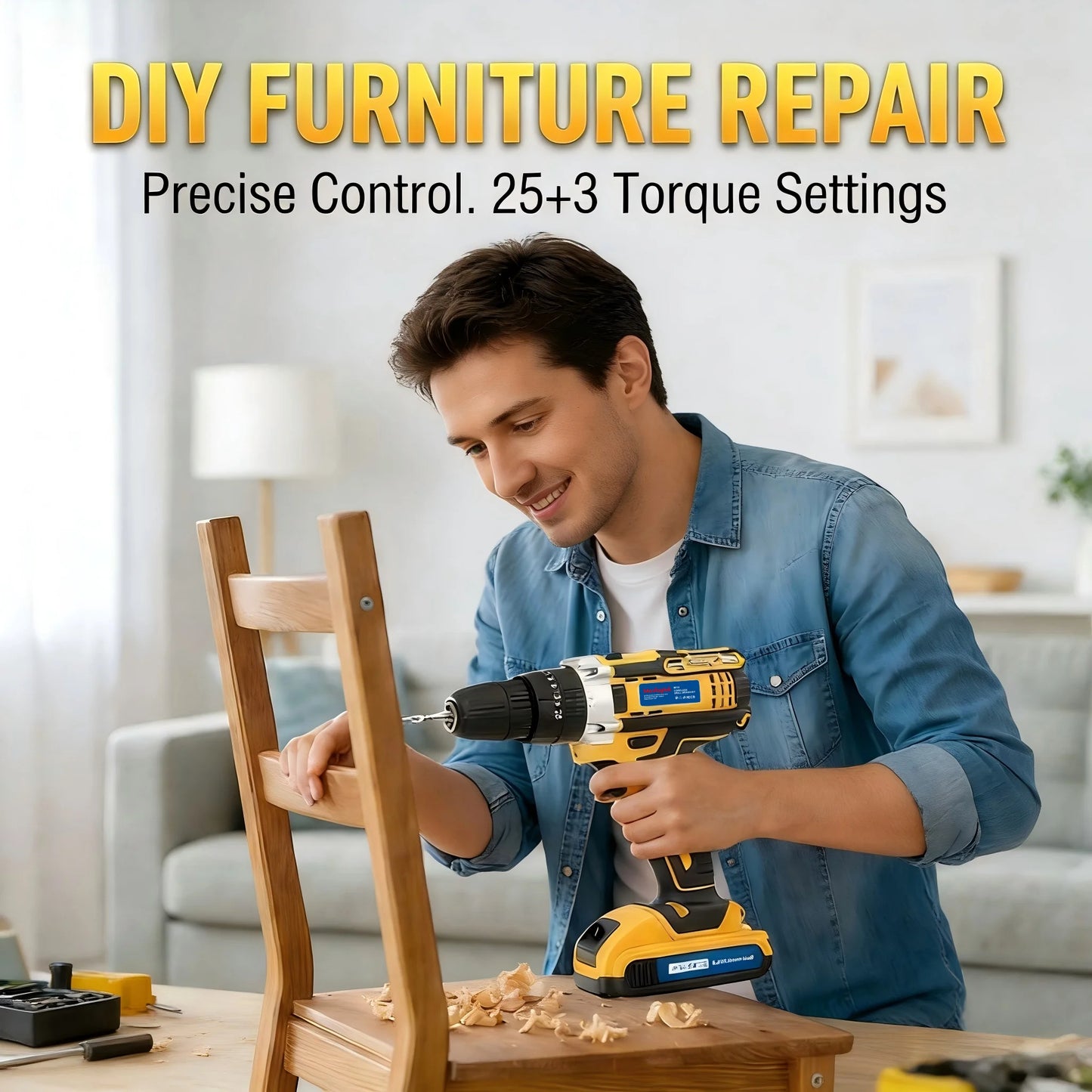 S And B Enterprise 21V cordless drill/driver kit; yellow and black power tool used to assemble a wooden chair.