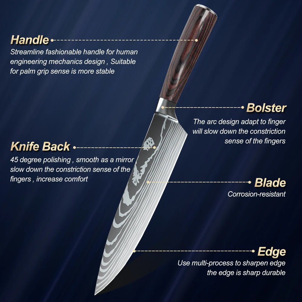 MDHAND Damascus Pattern Stainless Steel Santoku Knife Set