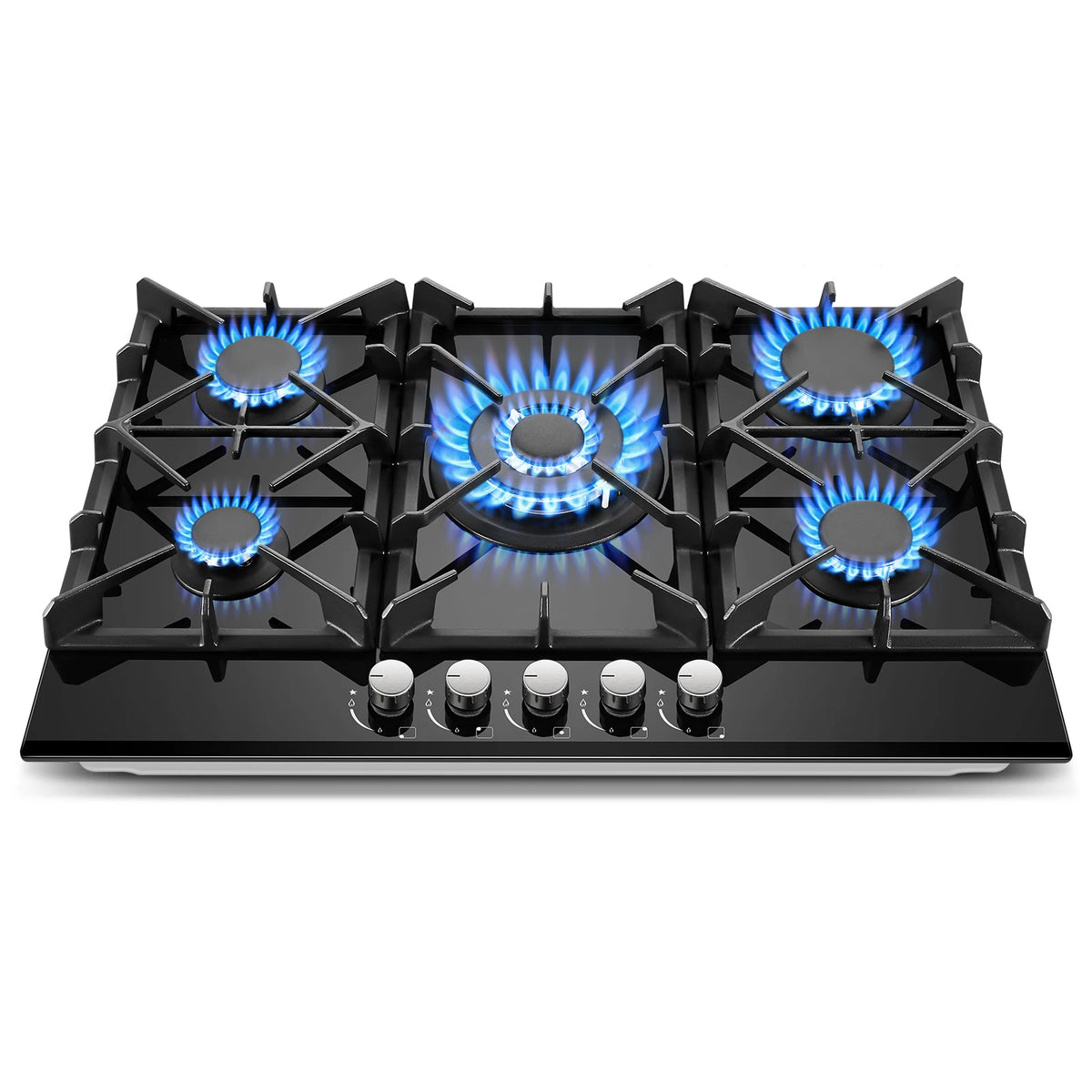 30-inch gas cooktop with five burners on a black glass surface, built-in stove top