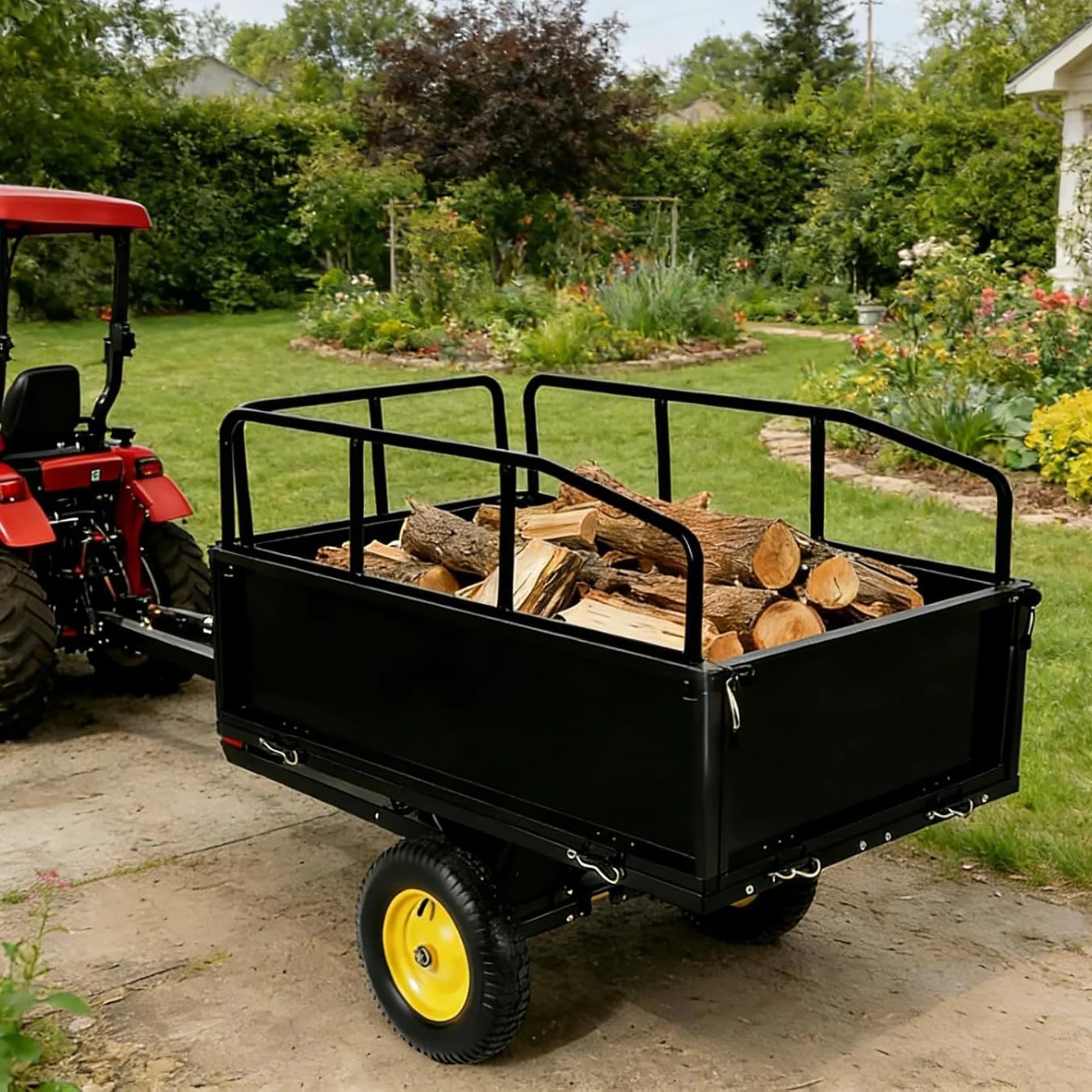 S And B Enterprise 750 lb steel dump cart, black with removable sides, pulled by red tractor loaded with firewood
