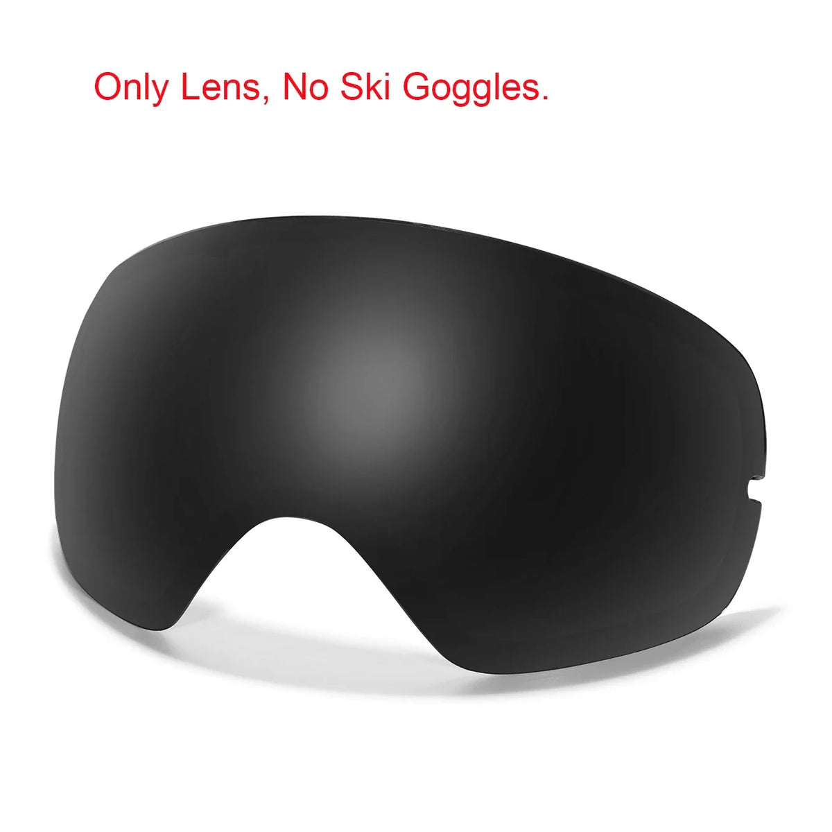 Black ski goggle lens from S And B Enterprise with UV400 anti-fog tech for snowboard eyewear