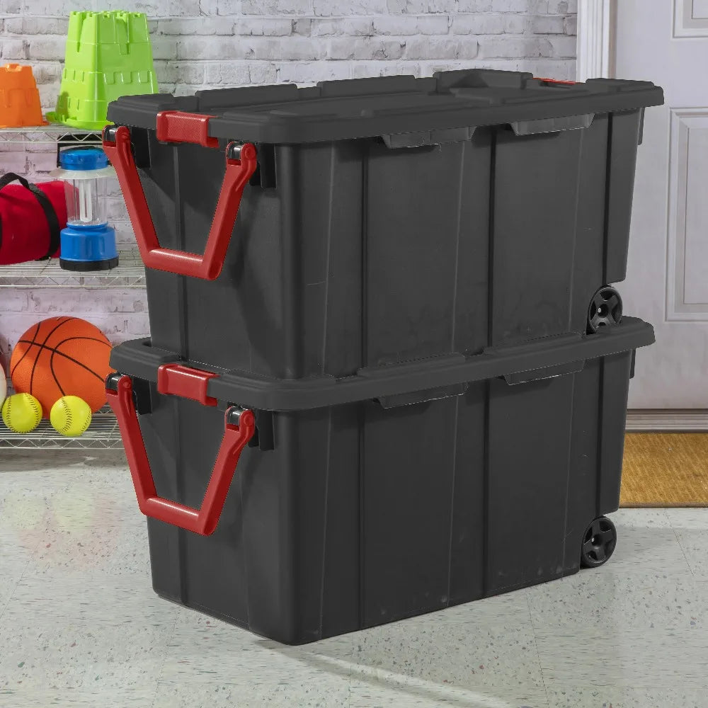Two black 40-gallon wheeled storage bins with red handles (pack of 2)