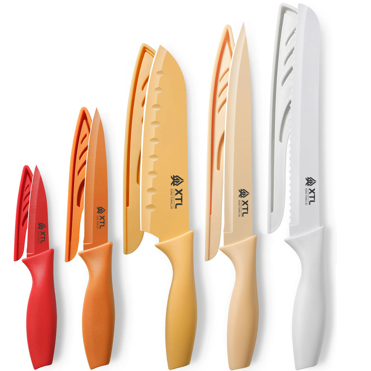 10-piece ceramic-coated knife set with protective sheaths and colorful handles