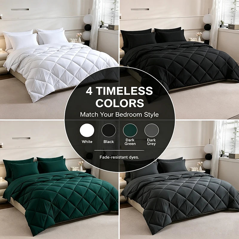 S And B Enterprise 5pc/7pc bedding set with quilted comforter, sheets and pillowcases in white, black, dark green, or dark grey.