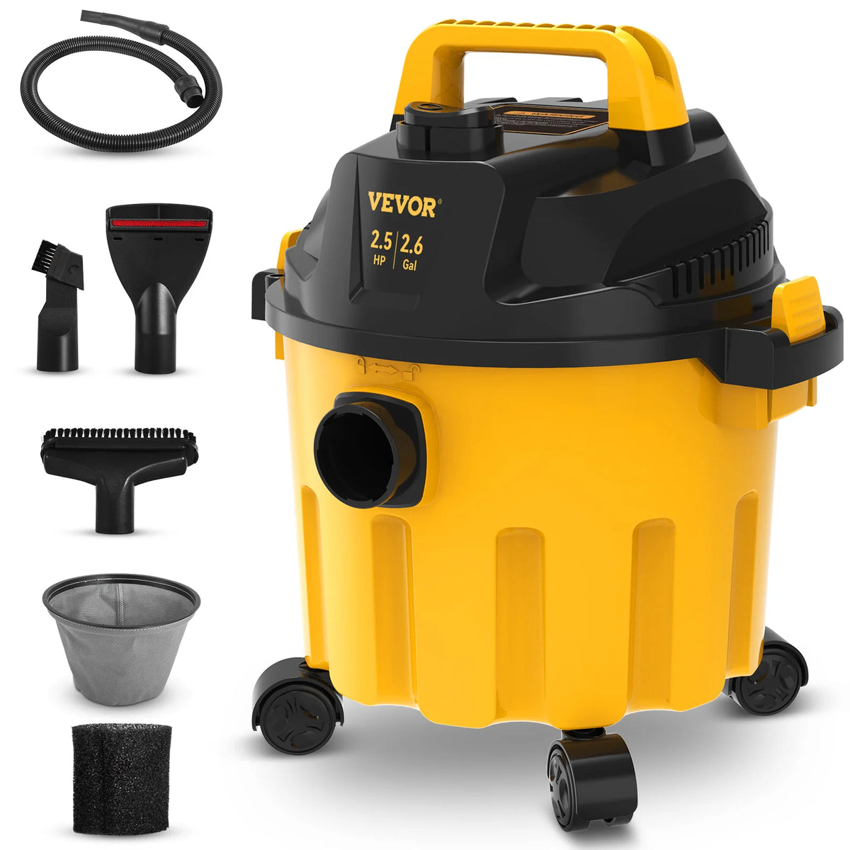 VEVOR 2.6 gal wet/dry shop vacuum, 2.5 HP, yellow and black, with hose and attachments