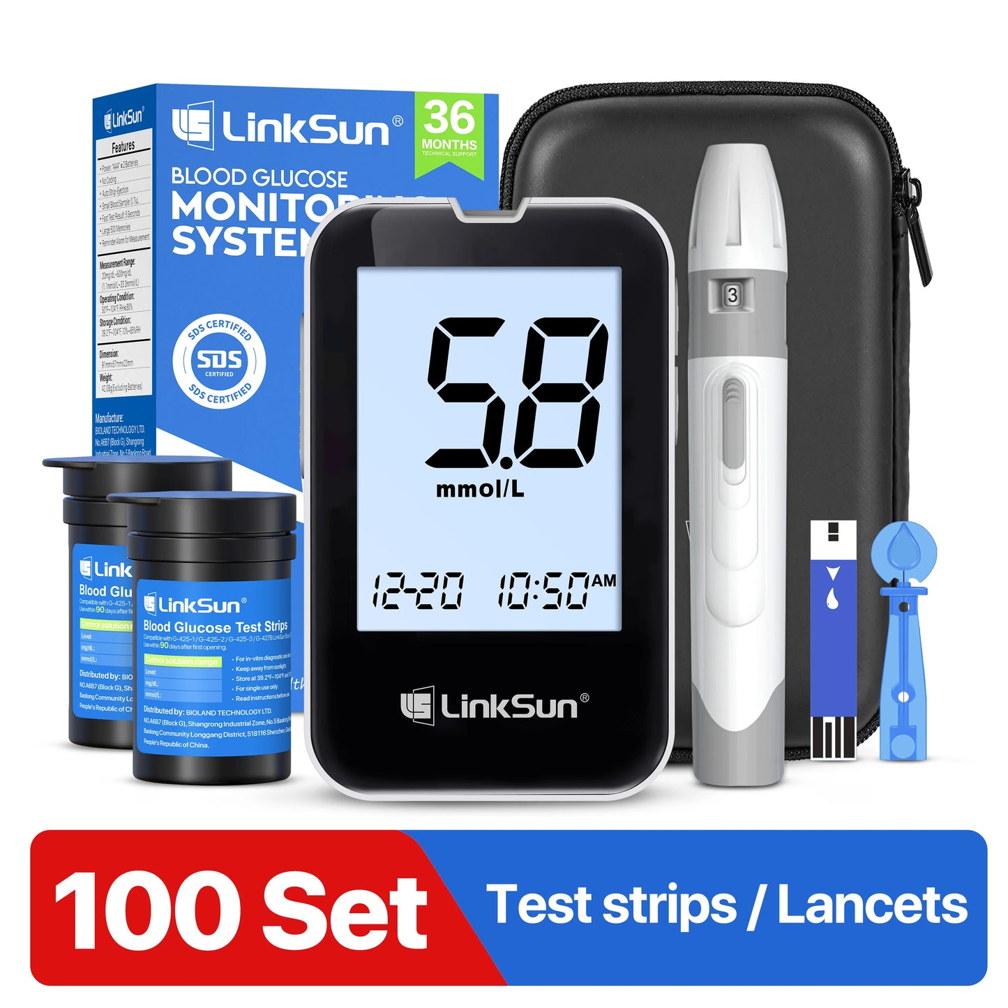 Linksun G-425-3 Blood Glucose Meter Glucometer Complete Kit